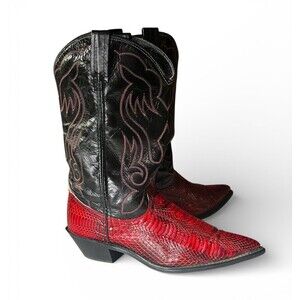 ACME Vintage Cowboy Boots Size 8 M Red Black Snakeskin Western USA Made Pointed